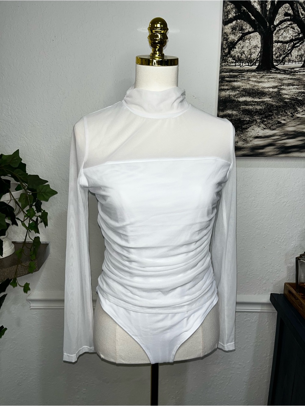 ReoRia XL White Long-Sleeve Sheer Mock Neck Ruched Bodysuit